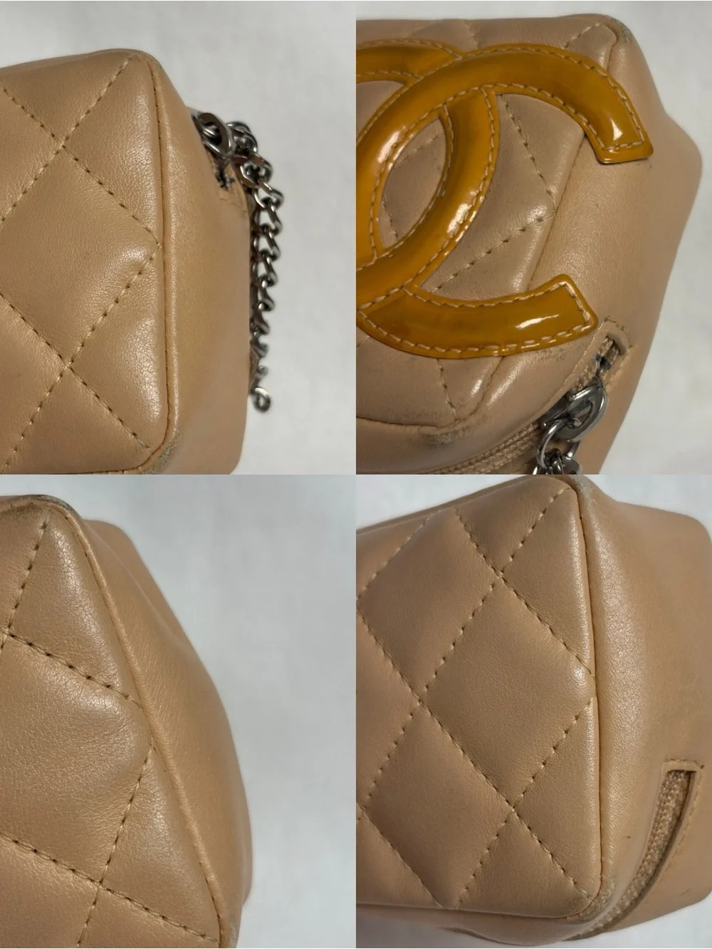 CHANEL Beige CAMBON Leather Pencil Case Make Up Pouch Orange Interior